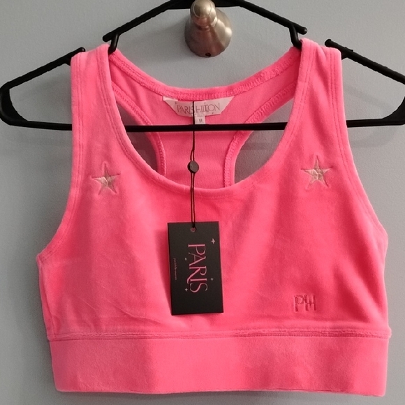 ✨ NWT Paris Hilton ❤️ Vibrant Pink Star-Embroidered Sports Bra Size Medium - Picture 1 of 4